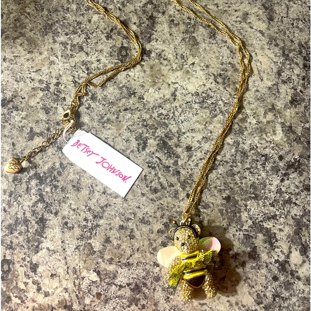 Betsey Johnson Bumble Bee Pave Bear Pendant Long Necklace - NWT